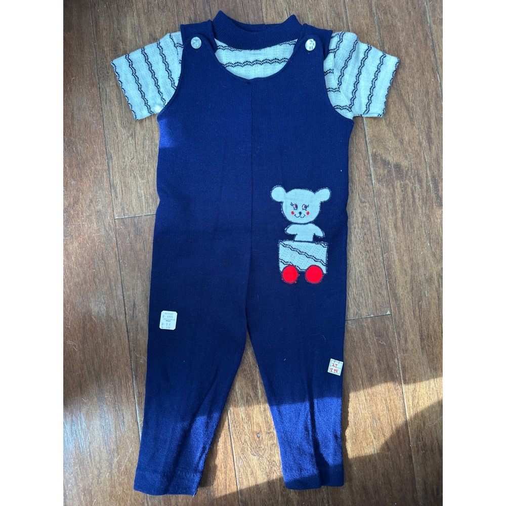 Vintage NOS 2T Navy Blue Overalls with Teddy Bear Applique and Striped Shirt Set